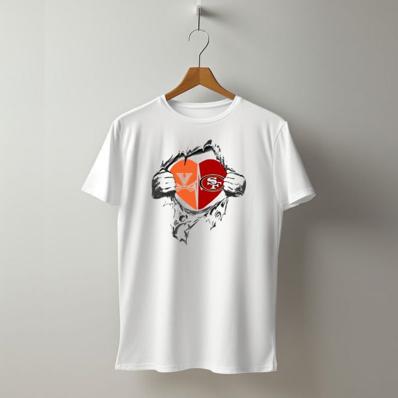 49Ers Cavaliers Heart With San Francisco And Virginia Logos Peeking Through Ripped Fabric T Shirt T Shirt 1