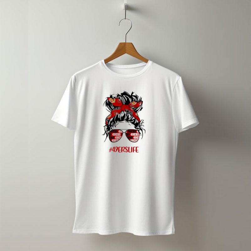 49Erslife Messy Bun Girl With 49Ers Headband And Glasses T Shirt T Shirt 1