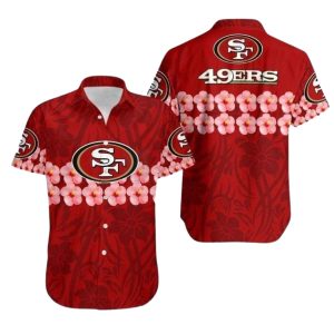 49ers Hibiscus Stripe Bold Team Logo Hawaiian Shirt