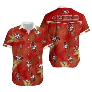 49ers Logo Red And Gold Palm Leaves Pattern Hawaiian Shirt