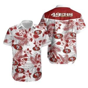 49ers Logo White And Red Floral Palm Pattern Hawaiian Shirt