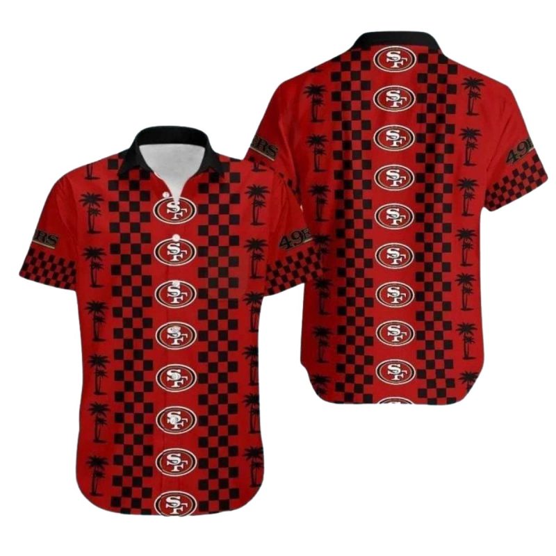 49Ers Multi Logo Black And Red Checkered Pattern Hawaiian Shirt 1