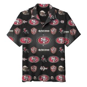 49ers Multi Logo Helmet And Mascot Funny Black Hawaiian Shirt