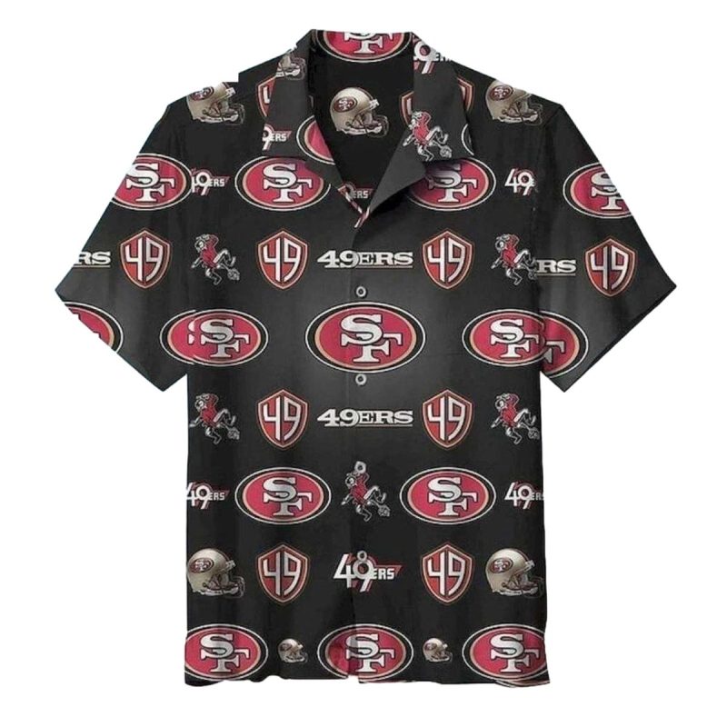 49Ers Multi Logo Helmet And Mascot Funny Black Hawaiian Shirt 1