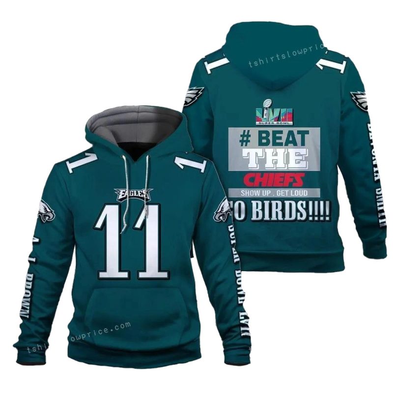 A. J. Brown 11 Beat The Chiefs Go Birds Philadelphia Eagles Super Bowl Champion 2023 3D Printed Hoodie For Men 1