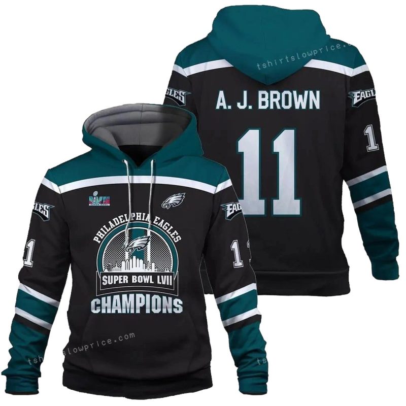 A. J. Brown 11 Eagles Team Philadelphia Eagles Super Bowl Champion 2023 3D Hoodie All Over Printed 1
