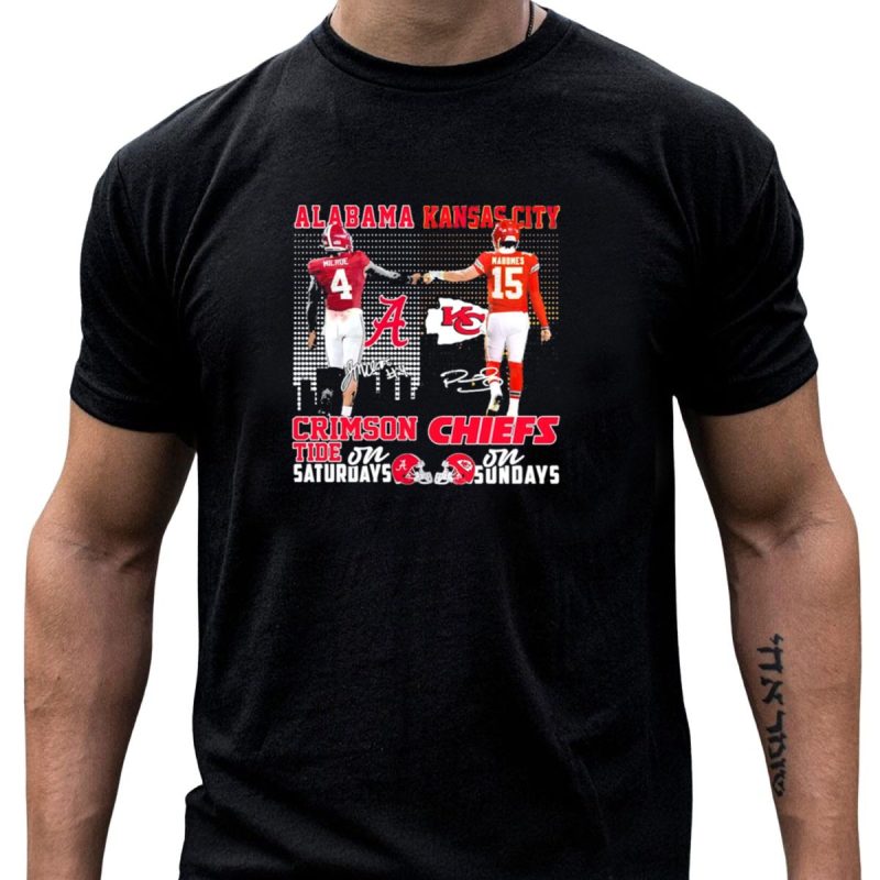 Alabama Crimson Tide Jalen Milroe Saturdays X Kansas City Chiefs Patrick Mahomes Sundays T Shirt T Shirt 1 1