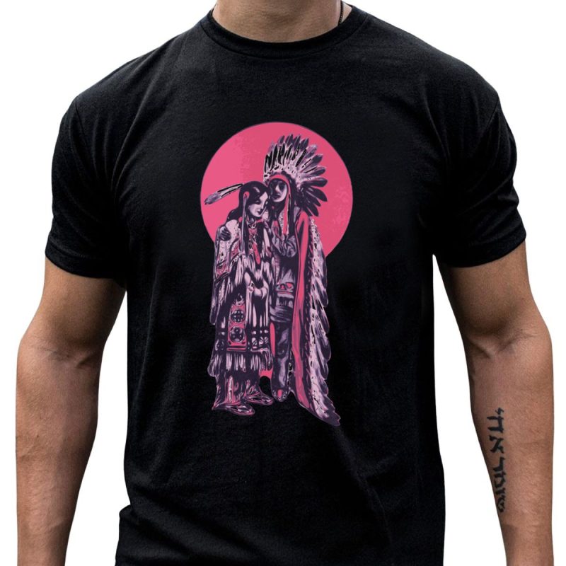 American Indian Chiefs In Traditional Headdress With Pink Sun Background T Shirt T Shirt 1 1