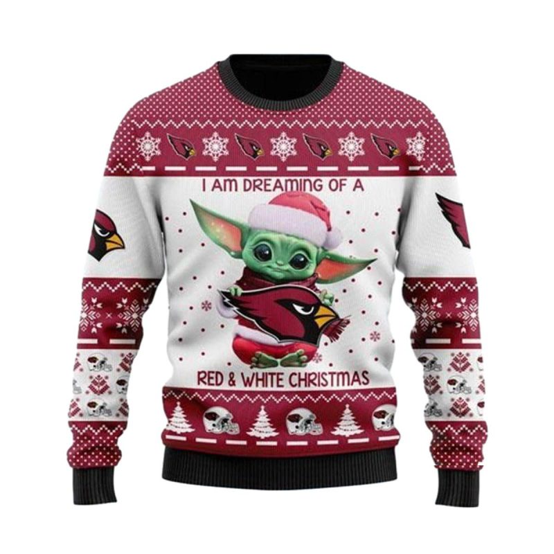 Arizona Cardinals Baby Yoda I Am Dreaming Of A Red And White Christmas Ugly Sweater 1