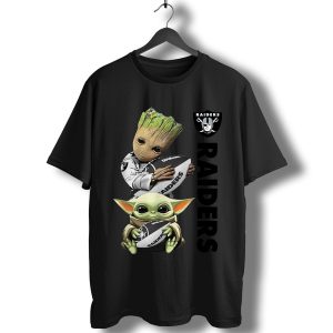 Baby Yoda And Groot Hug Oakland Raiders T-Shirt