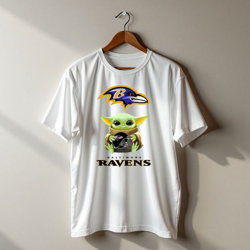 Baby Yoda Holding Baltimore Ravens Football Helmet Under Team T Shirt 1 T Shirt 1
