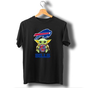 Baby Yoda Holding Buffalo Bills Nfl Team Emblem With Blue Bills Text T-Shirt