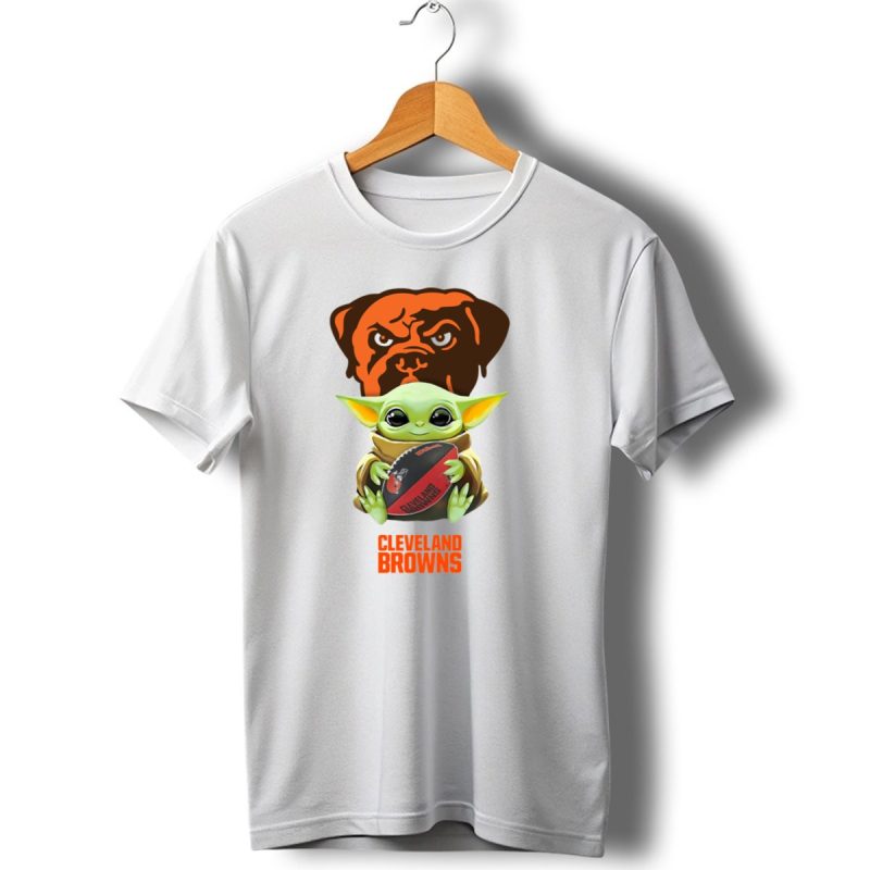 Baby Yoda Holding Cleveland Browns Football With Team Logo Background T Shirt 1 T Shirt 1
