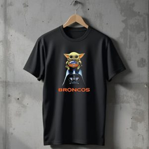 Baby Yoda Holding Denver Broncos Football On Darth Vader With Broncos T-Shirt