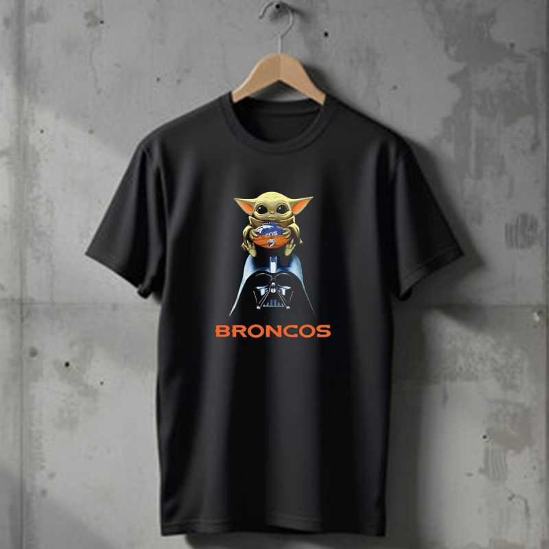 Baby Yoda Holding Denver Broncos Football On Darth Vader With Broncos T Shirt 1 T Shirt 1