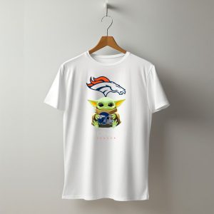 Baby Yoda Holding Denver Broncos Helmet With Broncos T-Shirt