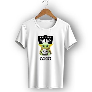 Baby Yoda Holding Las Vegas Raiders Helmet With Raiders Logo Background T-Shirt