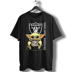 Baby Yoda Holding Oakland Raiders Helmet With Raiders Logo In Background T-Shirt