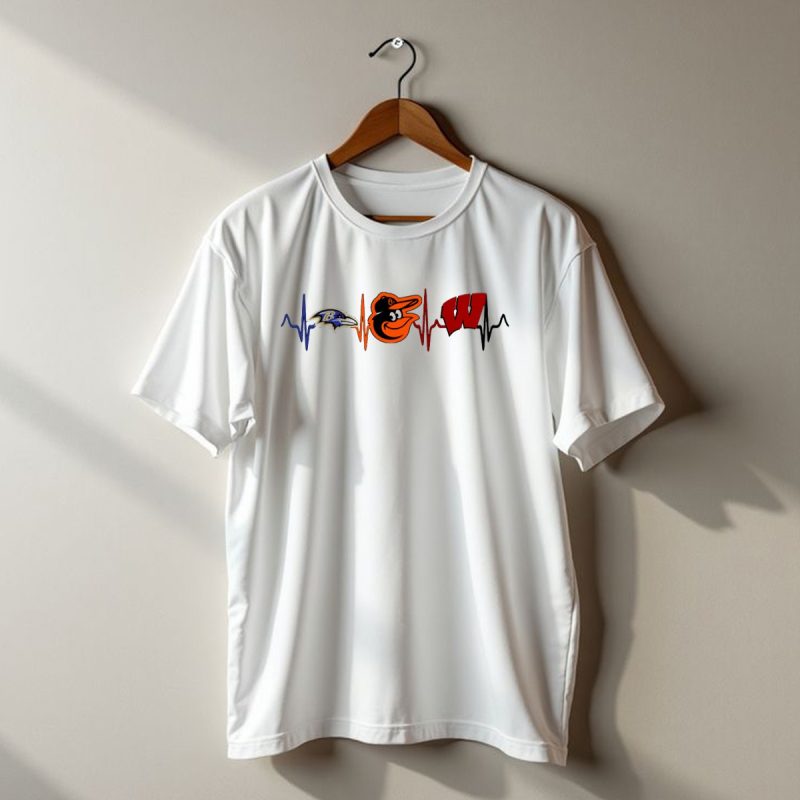 Baltimore Ravens Baltimore Orioles Wisconsin Badgers Heartbeat T Shirt 1 T Shirt 1