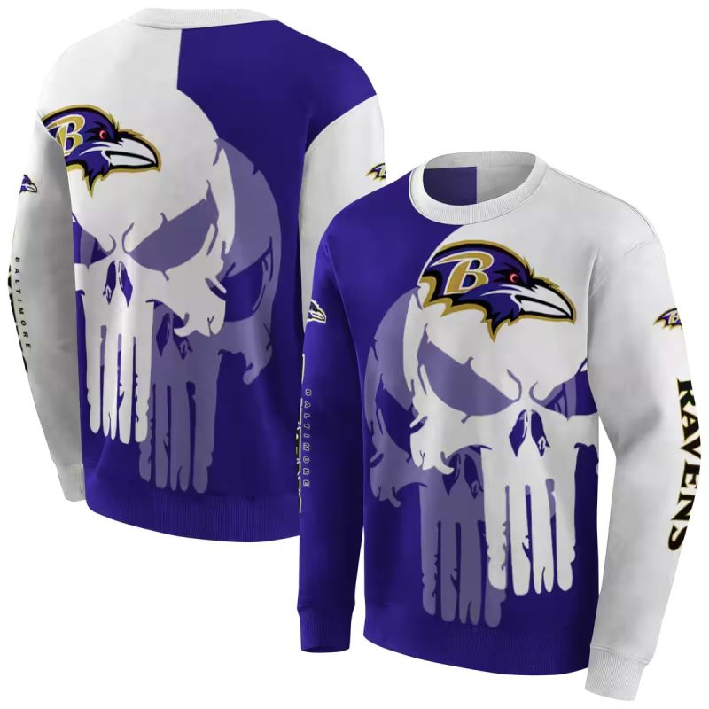 Baltimore Ravens Graphic Punisher Skull Purple White Aop Sweatshirt 1
