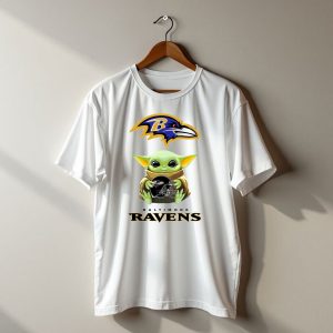 Baltimore Ravens Grogu Holding Ravens Helmet with Team T-Shirt