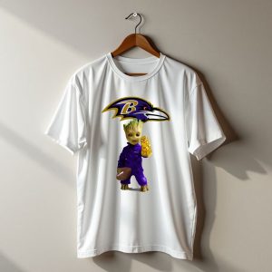 Baltimore Ravens Groot Holding Football and Infinity Gauntlet T-Shirt