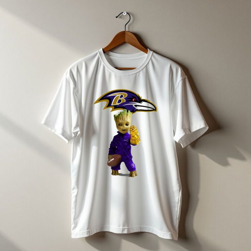 Baltimore Ravens Groot Holding Football And Infinity Gauntlet T Shirt 1 T Shirt 1