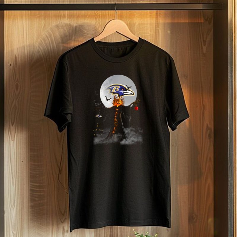 Baltimore Ravens Halloween Moon With Scarecrow And Pumpkin Head T Shirt 1 T Shirt 1