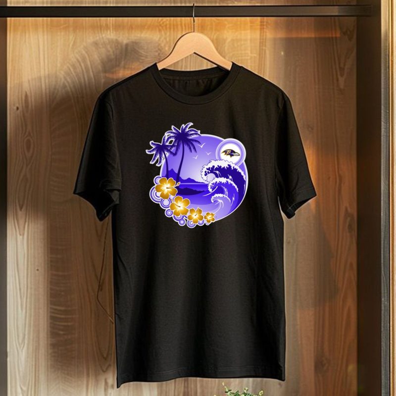 Baltimore Ravens Happy Holidays Tropical Paradise With Wave And Flowers T Shirt 1 T Shirt 1