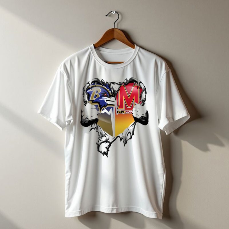 Baltimore Ravens Maryland Terrapins Heart Rip Football Fan T Shirt 1 T Shirt 1