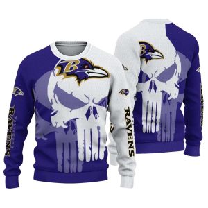 Baltimore Ravens Punisher Skull Split Purple White AOP Sweatshirt