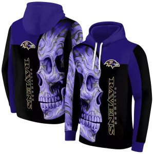 Baltimore Ravens Skull Motif Purple Black AOP Hoodie