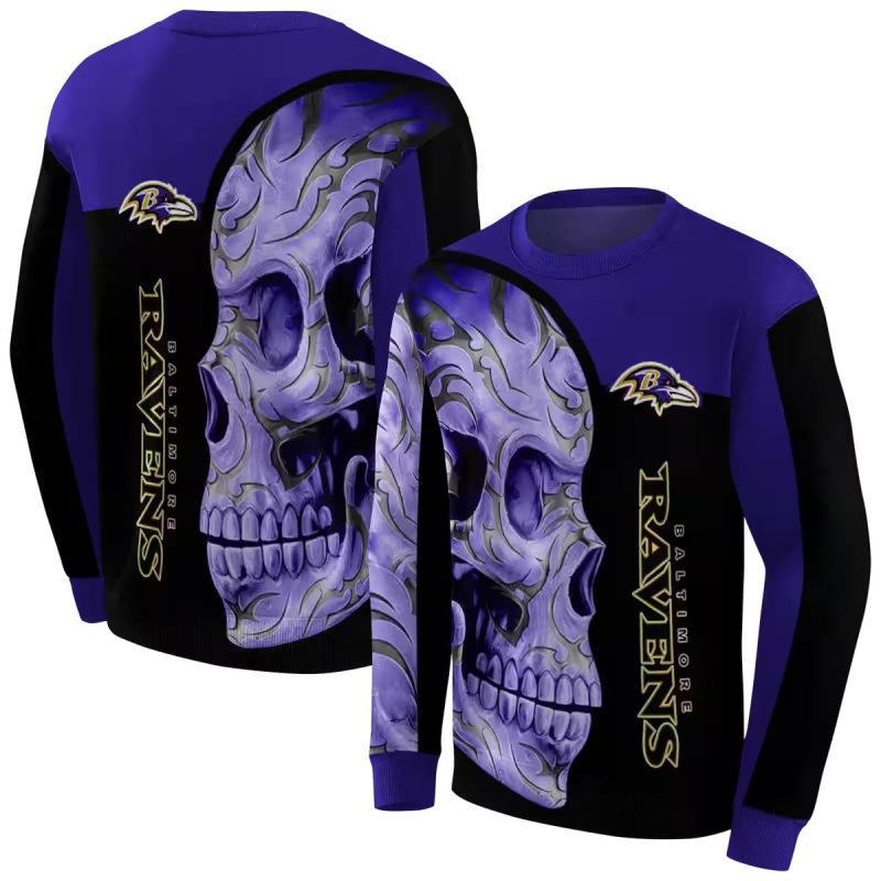 Baltimore Ravens Skull Motif Purple Black Aop Sweatshirt 1