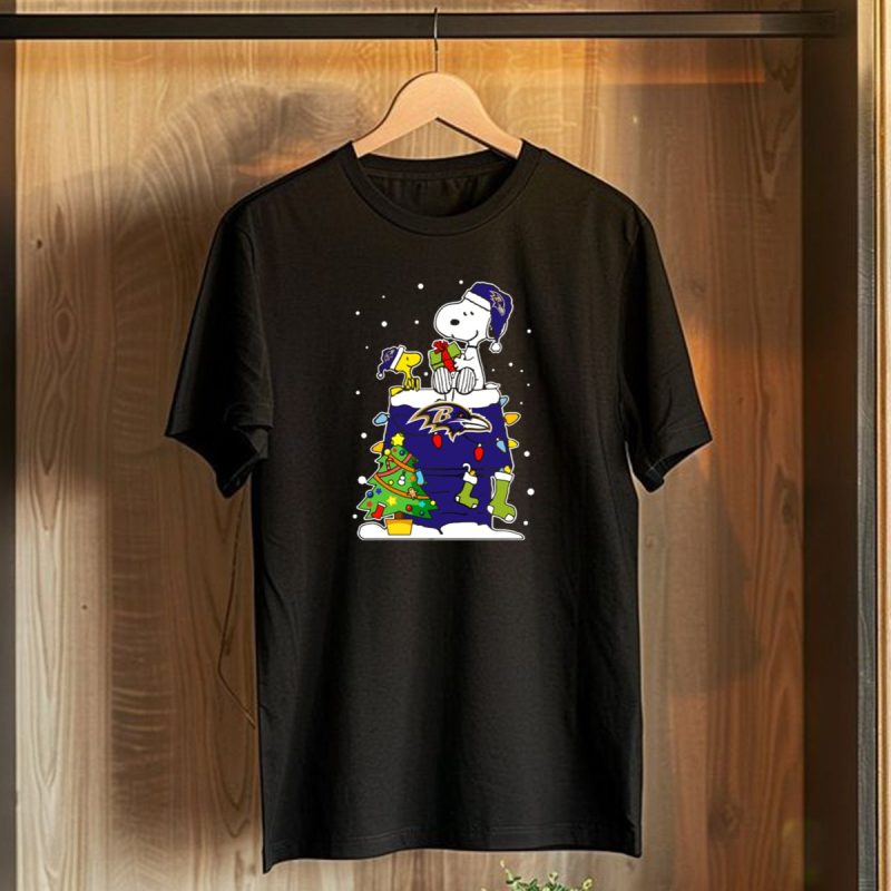 Baltimore Ravens Snoopy And Woodstock Christmas Tree Celebration T Shirt 1 T Shirt 1