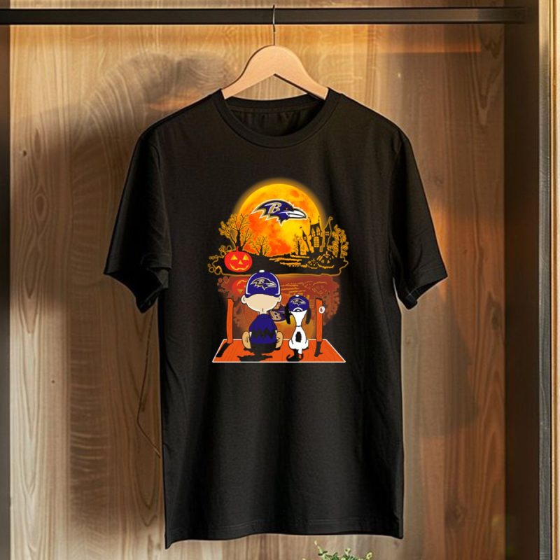 Baltimore Ravens Snoopy And Charlie Brown Halloween Moon Pumpkin Scene T Shirt 1 T Shirt 1