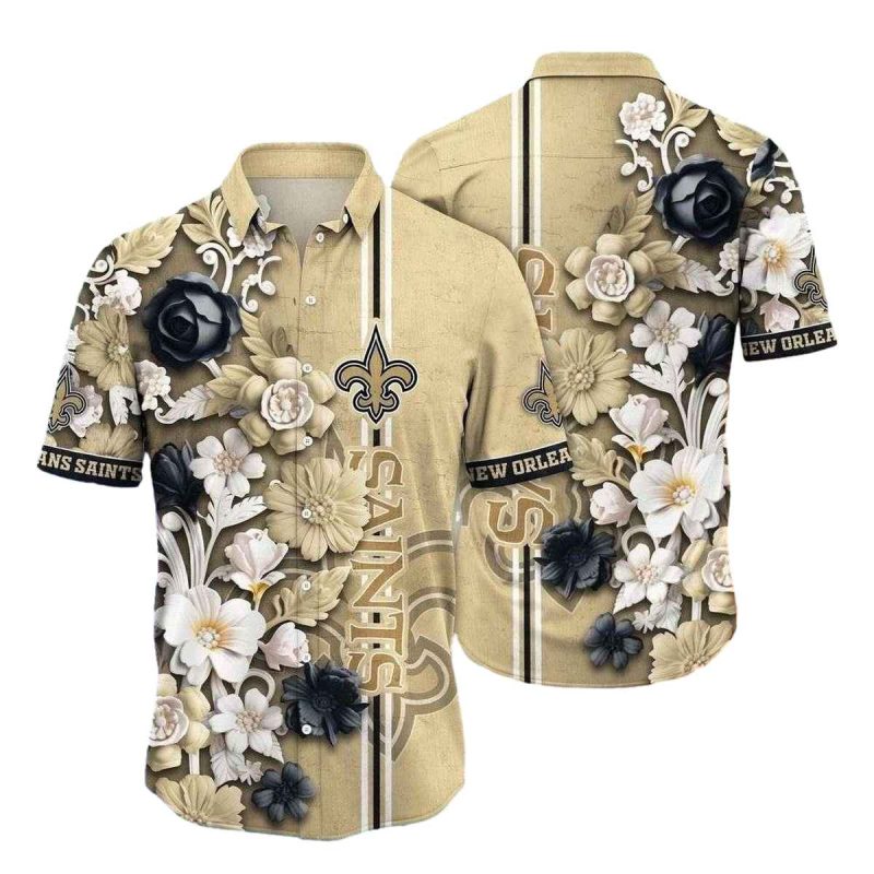 Black And Gold Floral New Orleans Saints Fan Hawaiian Shirt 1