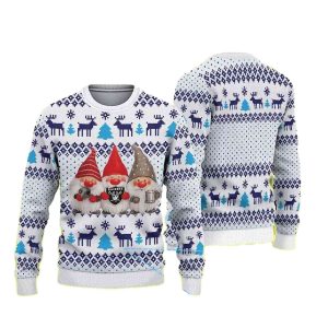 Blue Reindeer And Snowflake Patterns Featuring Gnome Trio And Las Vegas Raiders Ugly Sweater