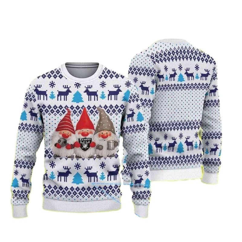 Blue Reindeer And Snowflake Patterns Featuring Gnome Trio And Las Vegas Raiders Ugly Sweater 1