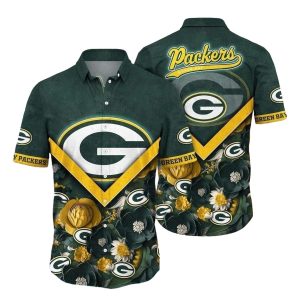 Bold Emblem Green Bay Packers With Golden Blooms Hawaiian Shirt
