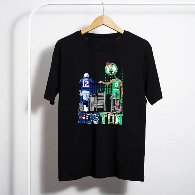Boston Patriots And Celtics Skyline Featuring Tom Brady And Jayson Tatum Signatures T Shirt T Shirt 1