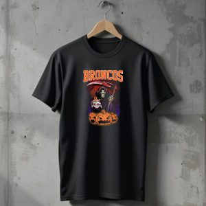 Broncos Halloween Reaper with Denver Broncos Logo and Scythe Scene T-Shirt