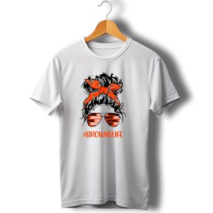 Brownslife Messy Bun Headband Glasses Cleveland Browns T-Shirt