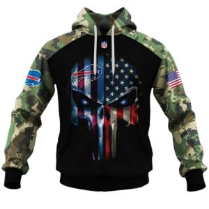 Buffalo Bills Army Camouflage American Flag Punisher Skull AOP Hoodie