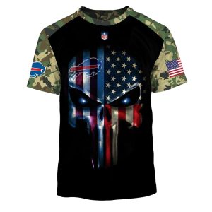 Buffalo Bills Army Camouflage American Flag Punisher Skull AOP T-Shirt