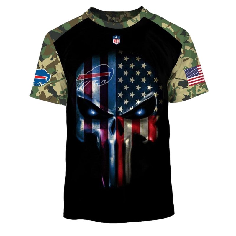 Buffalo Bills Army Camouflage American Flag Punisher Skull Aop T Shirt 1