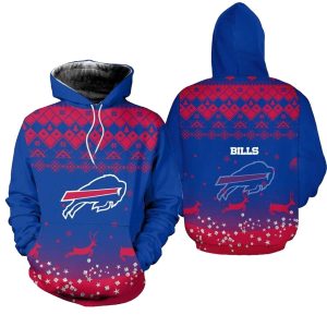 Buffalo Bills Christmas Pattern Reindeer Football Blue And Red AOP Hoodie