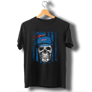 Buffalo Bills Skull With Cap American Flag Background T-Shirt