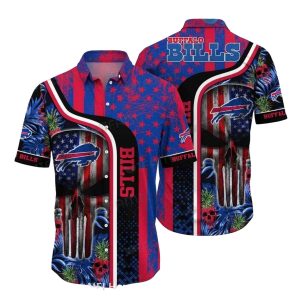Buffalo Bills Tropical American Flag And Skull Hawaiian Shirt