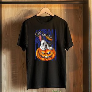 Bulldog in Wizard Hat on Jack o Lantern with Baltimore Ravens T-Shirt