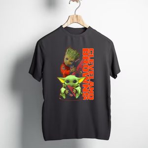 CLEVELAND BROWNS Groot and Baby Yoda Holding Football T-Shirt
